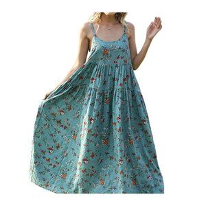 YESNO Sundress Size Medium Floral Tiered Sleeveless Blue Multi Bohemian Spring